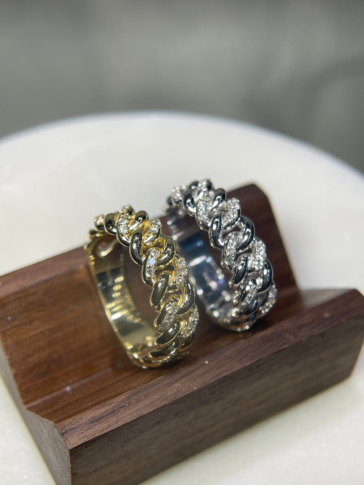 0.52ct Polished Half Diamond Rounded Cuban Link Ring Solid 14K Gold MR032