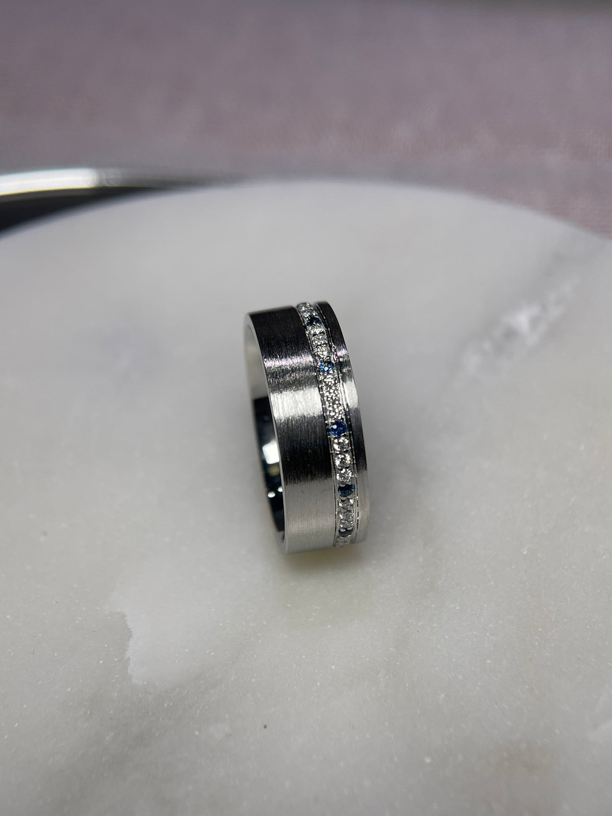 Brushed Off-Center Sapphire and Diamond Wedding Band 14K Gold MR014