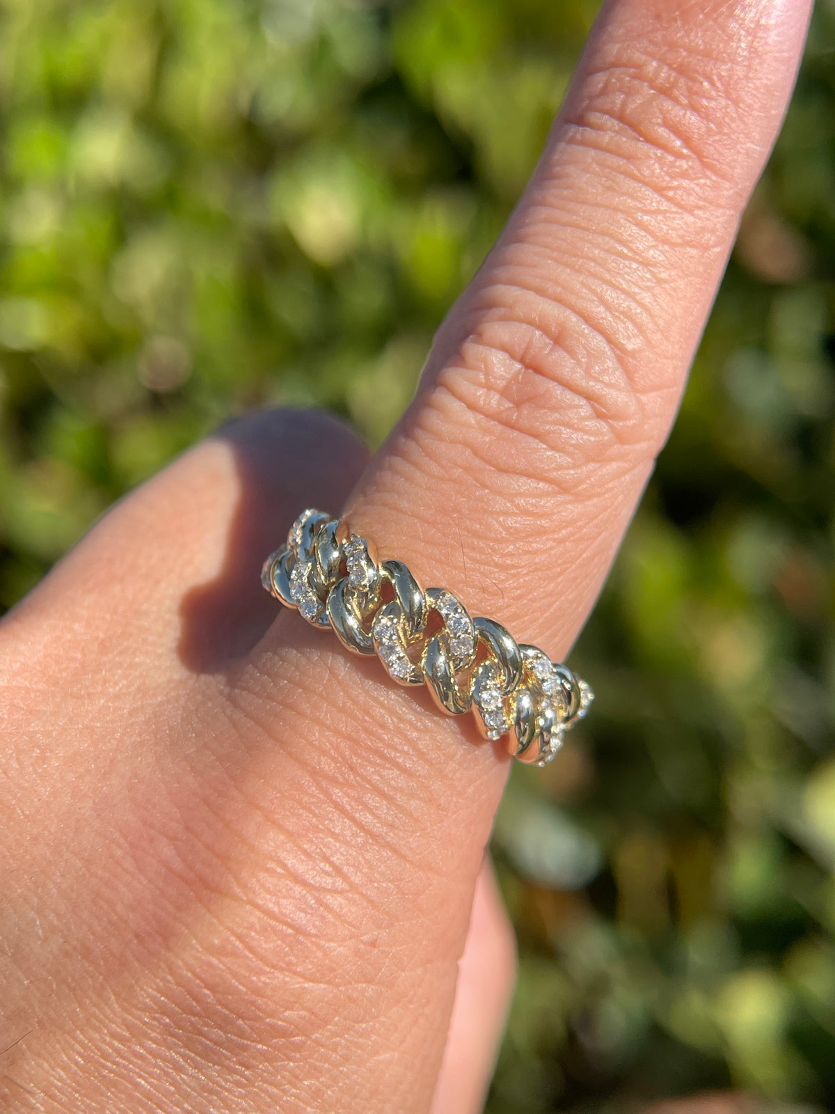 0.52ct Polished Half Diamond Rounded Cuban Link Ring Solid 14K Gold MR032