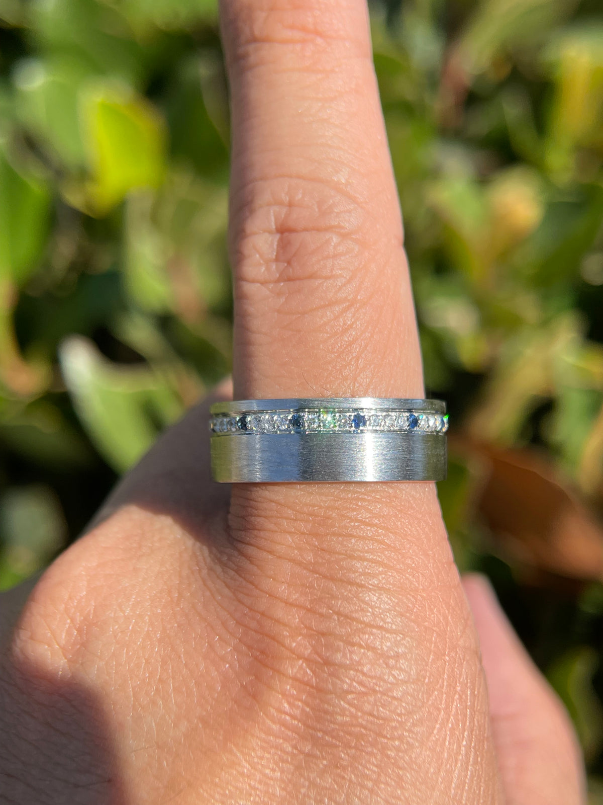 Brushed Off-Center Sapphire and Diamond Wedding Band 14K Gold MR014