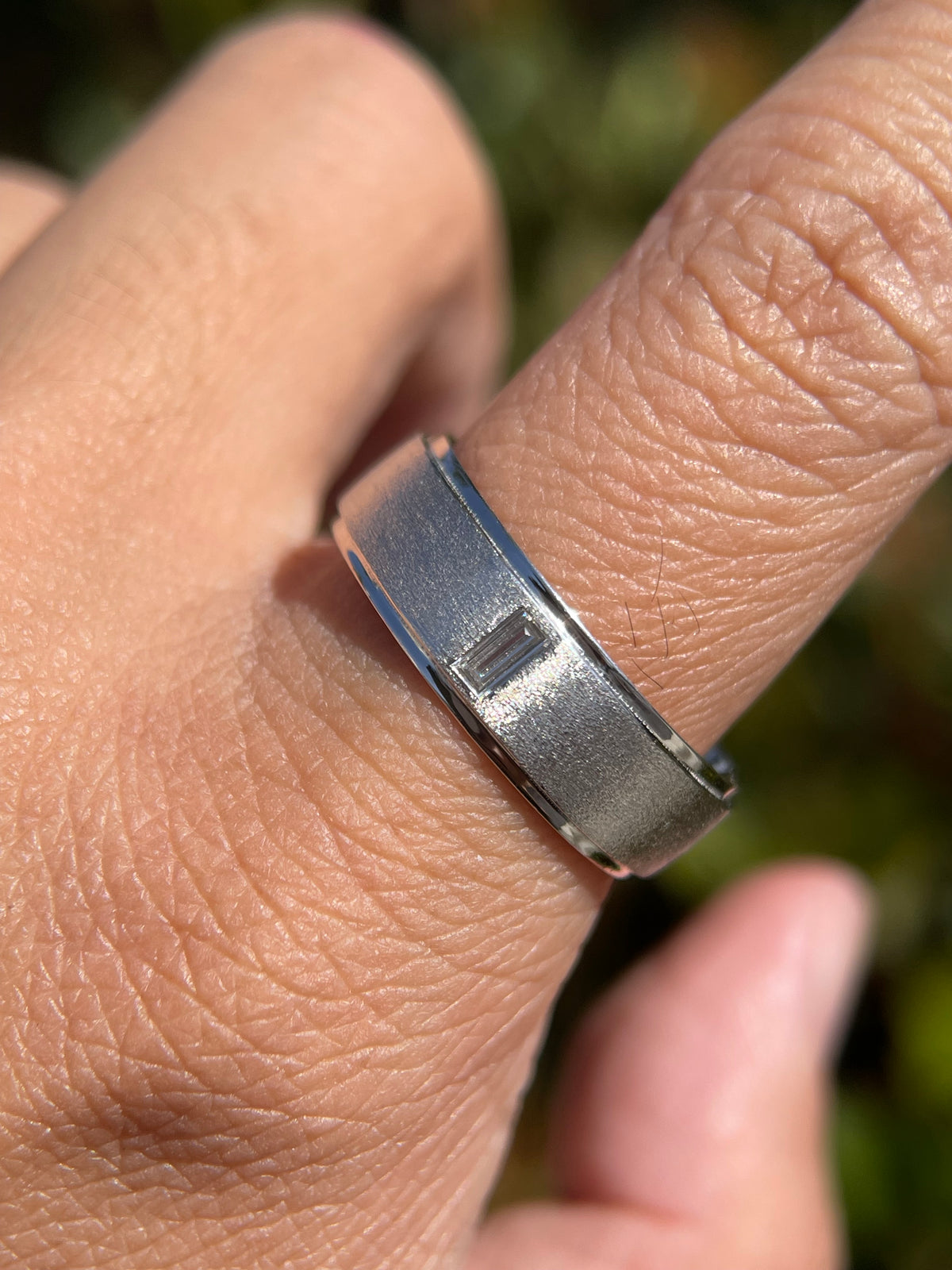 0.15ct Brushed Single Bezel Emerald Cut Diamond Wedding Band 14K Gold MR022