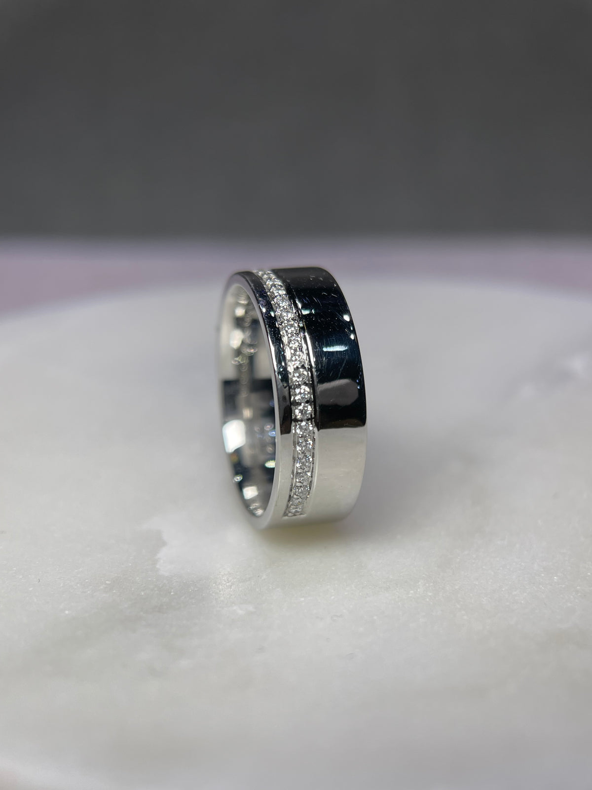 Polished Off-Center Diamond Wedding Band 14K Gold MR016