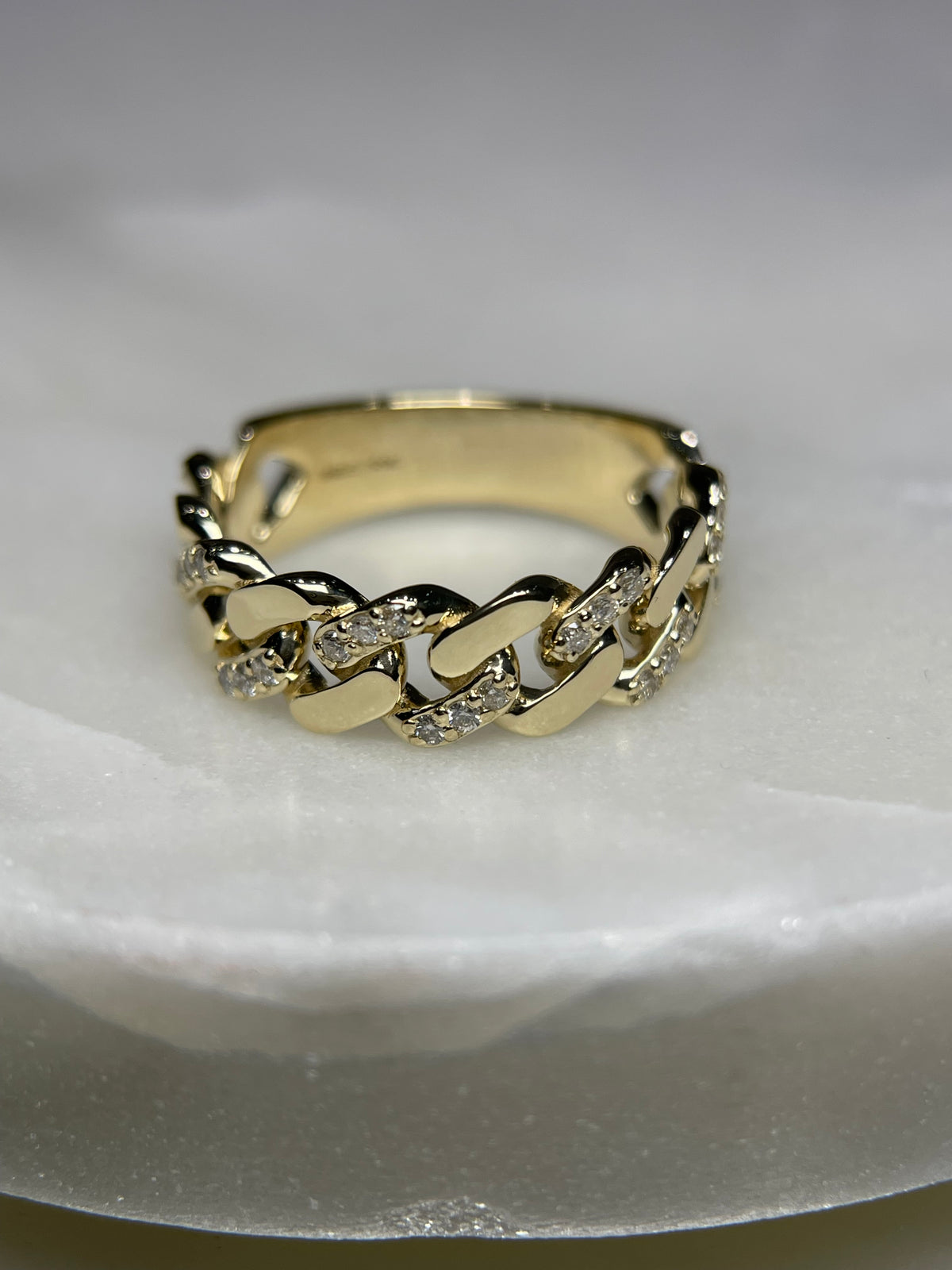 Polished Half Diamond Cuban Link Ring Solid 14K Gold MR030