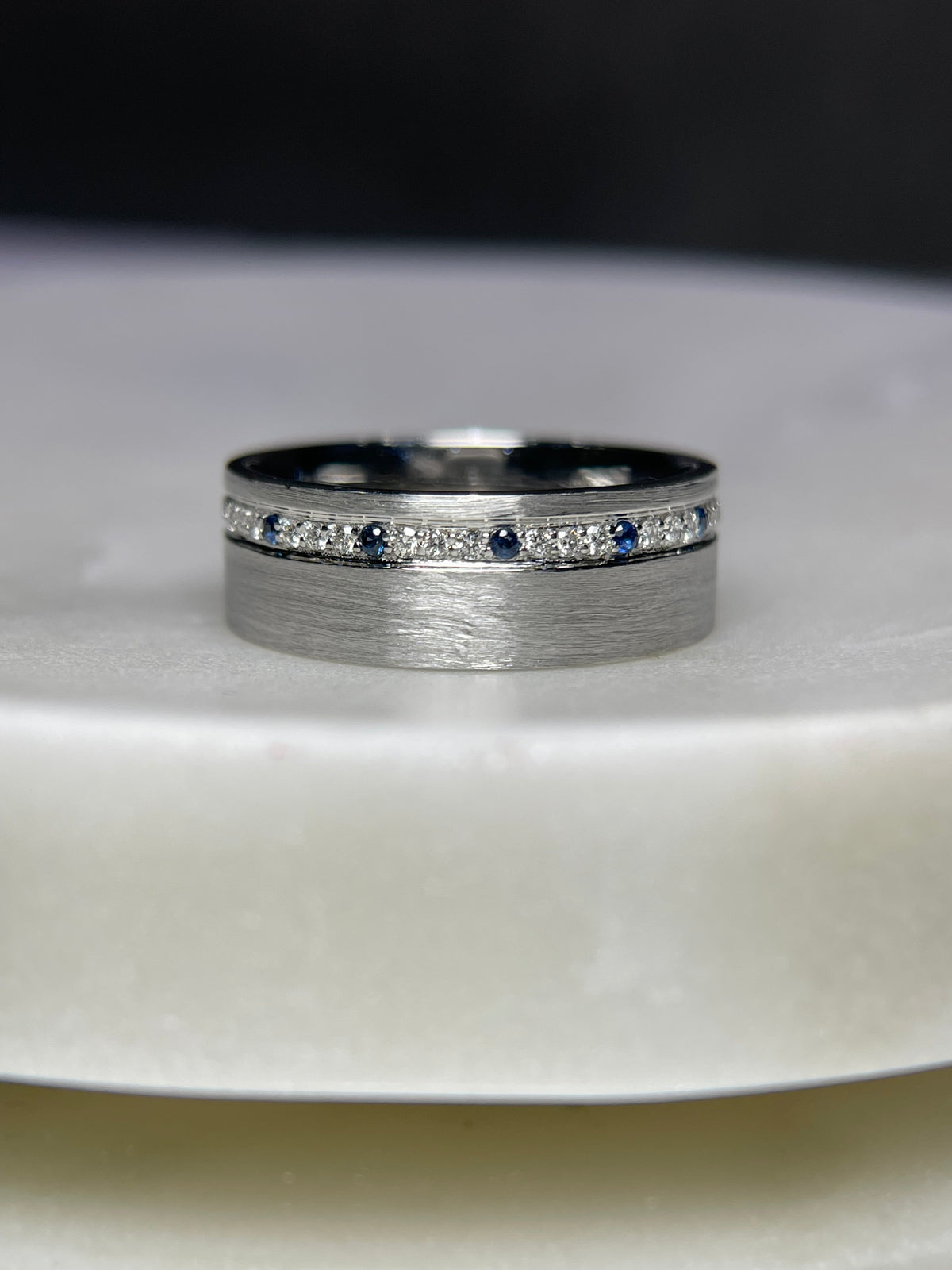 Brushed Off-Center Sapphire and Diamond Wedding Band 14K Gold MR014