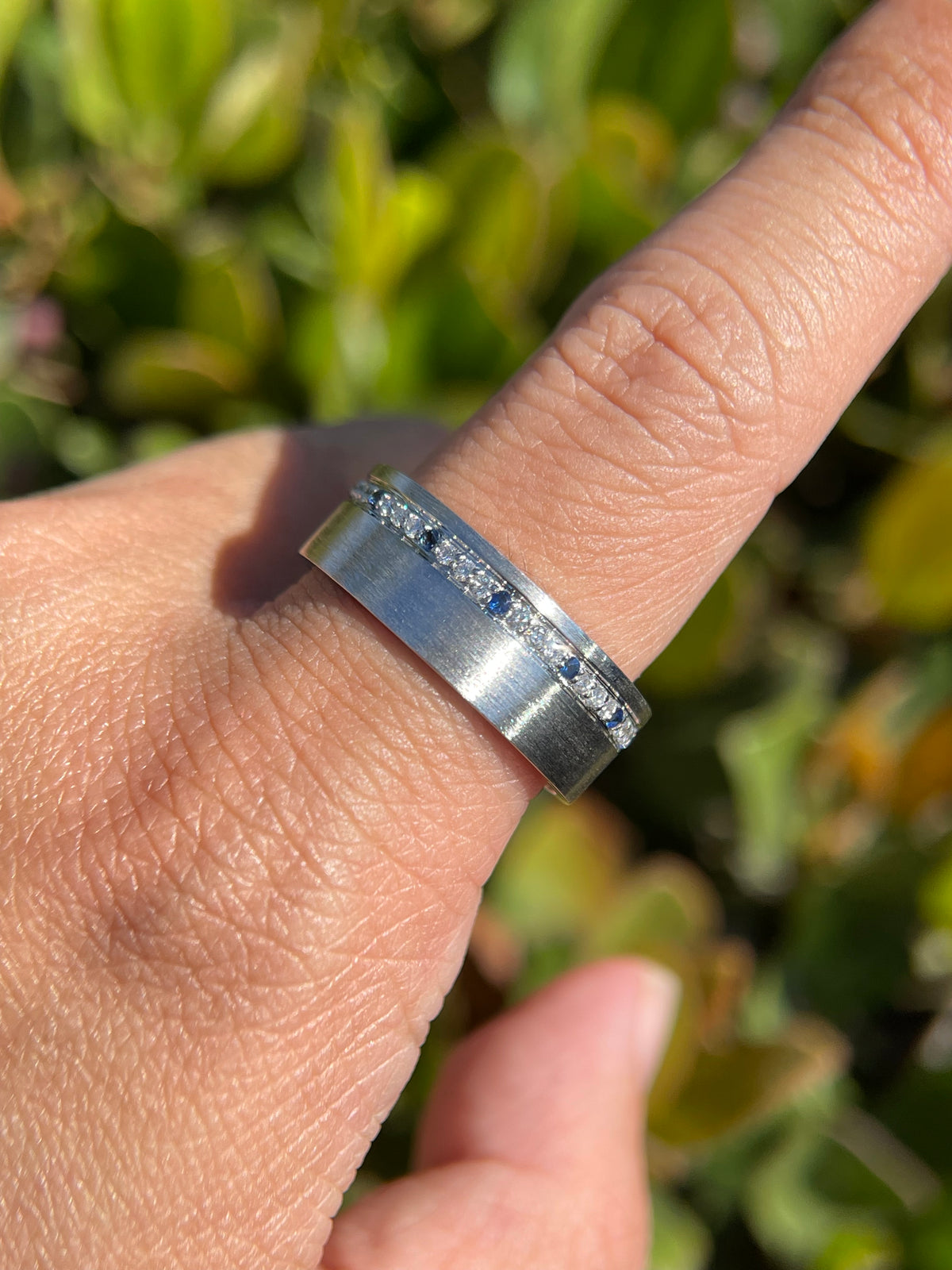 Brushed Off-Center Sapphire and Diamond Wedding Band 14K Gold MR014