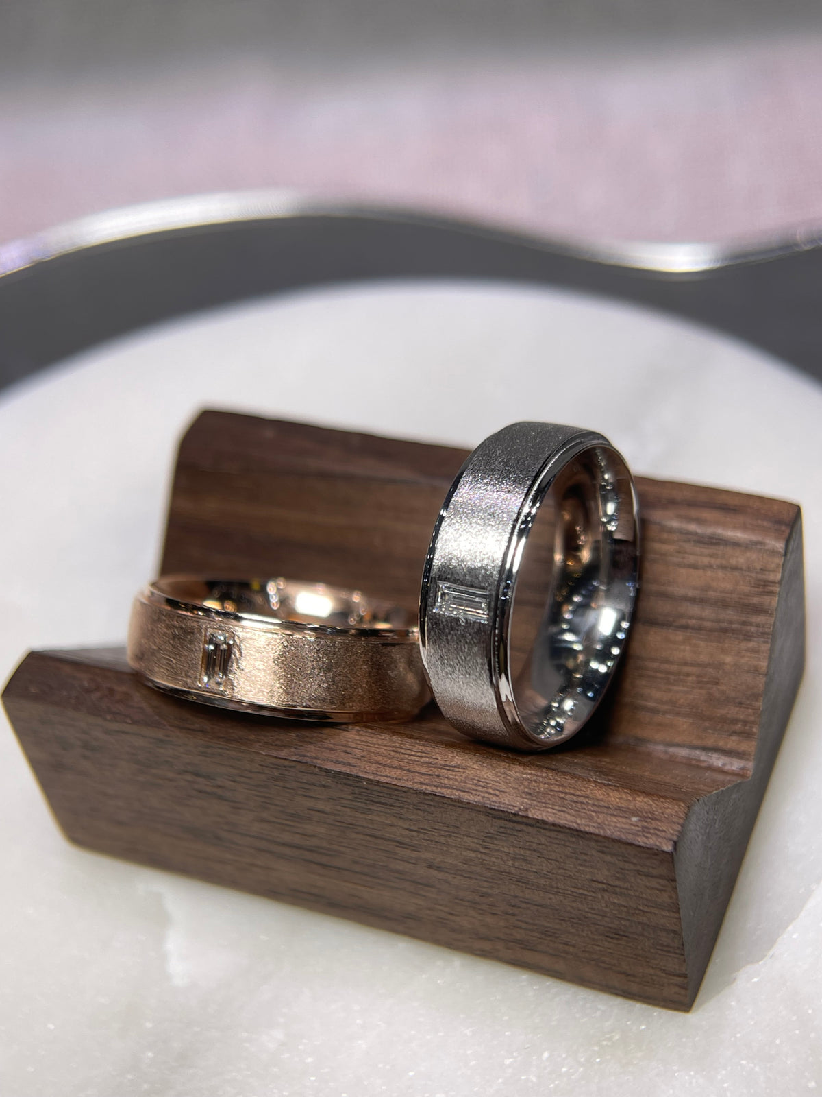 0.15ct Brushed Single Bezel Emerald Cut Diamond Wedding Band 14K Gold MR022