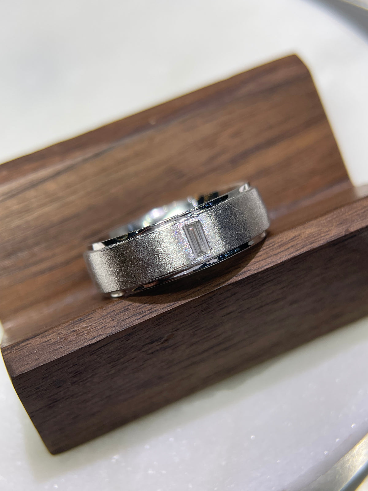 0.15ct Brushed Single Bezel Emerald Cut Diamond Wedding Band 14K Gold MR022