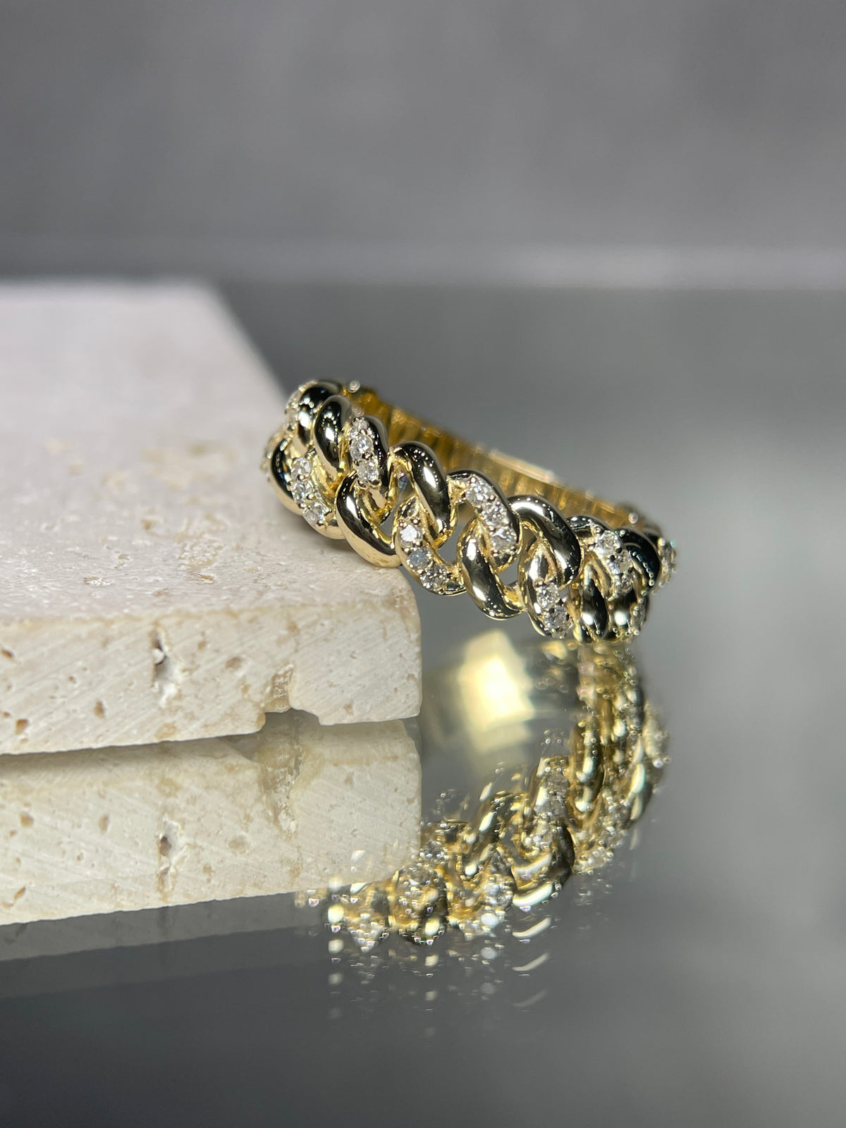 0.52ct Polished Half Diamond Rounded Cuban Link Ring Solid 14K Gold MR032