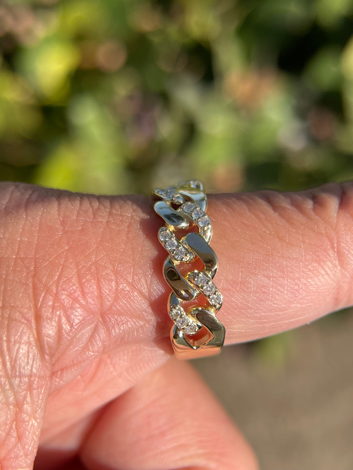 Polished Half Diamond Cuban Link Ring Solid 14K Gold MR030