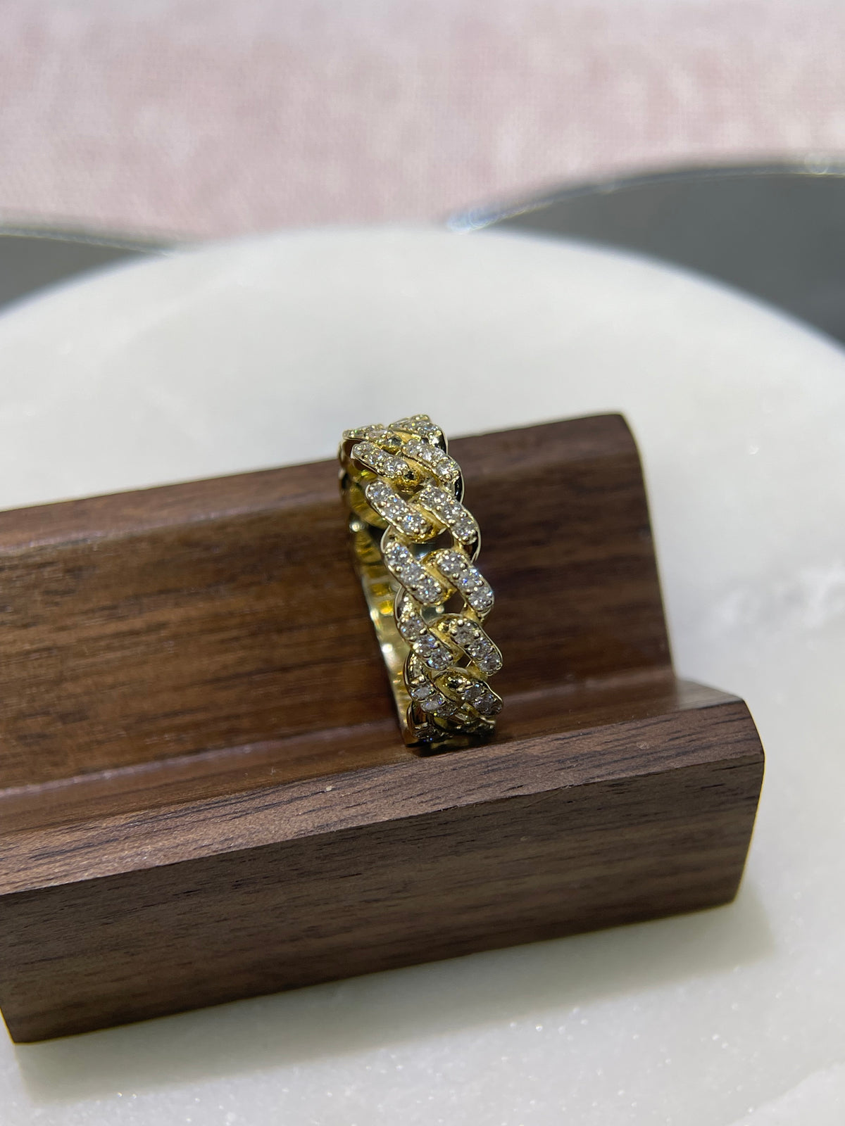 Polished Full Diamond Cuban Link Ring Solid 14K Gold MR031