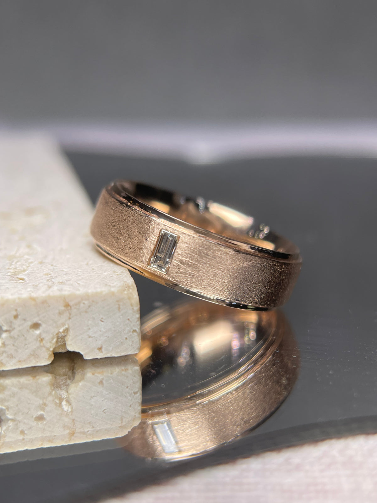 0.15ct Brushed Single Bezel Emerald Cut Diamond Wedding Band 14K Gold MR022