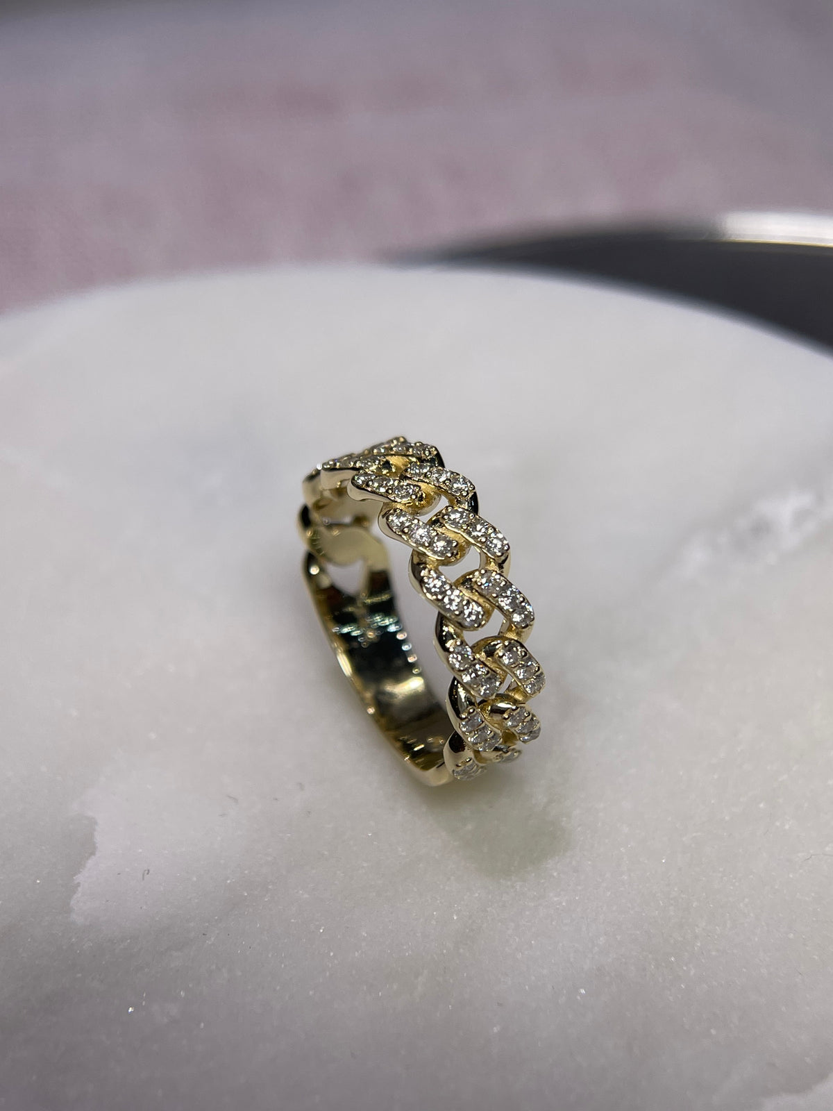 Polished Full Diamond Cuban Link Ring Solid 14K Gold MR031