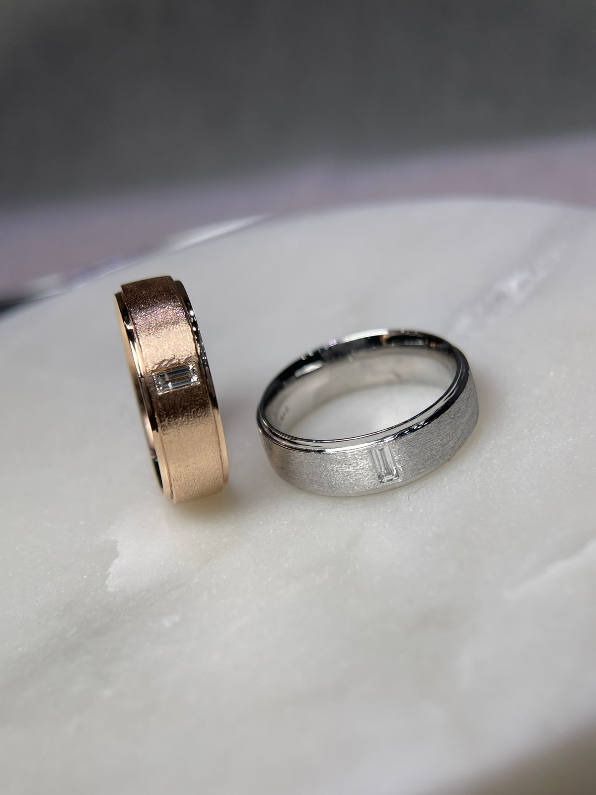 0.15ct Brushed Single Bezel Emerald Cut Diamond Wedding Band 14K Gold MR022