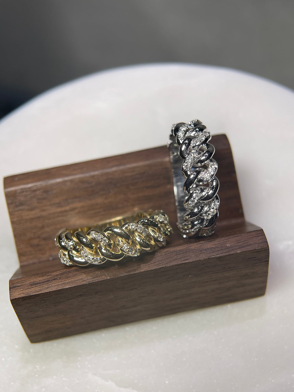 0.52ct Polished Half Diamond Rounded Cuban Link Ring Solid 14K Gold MR032