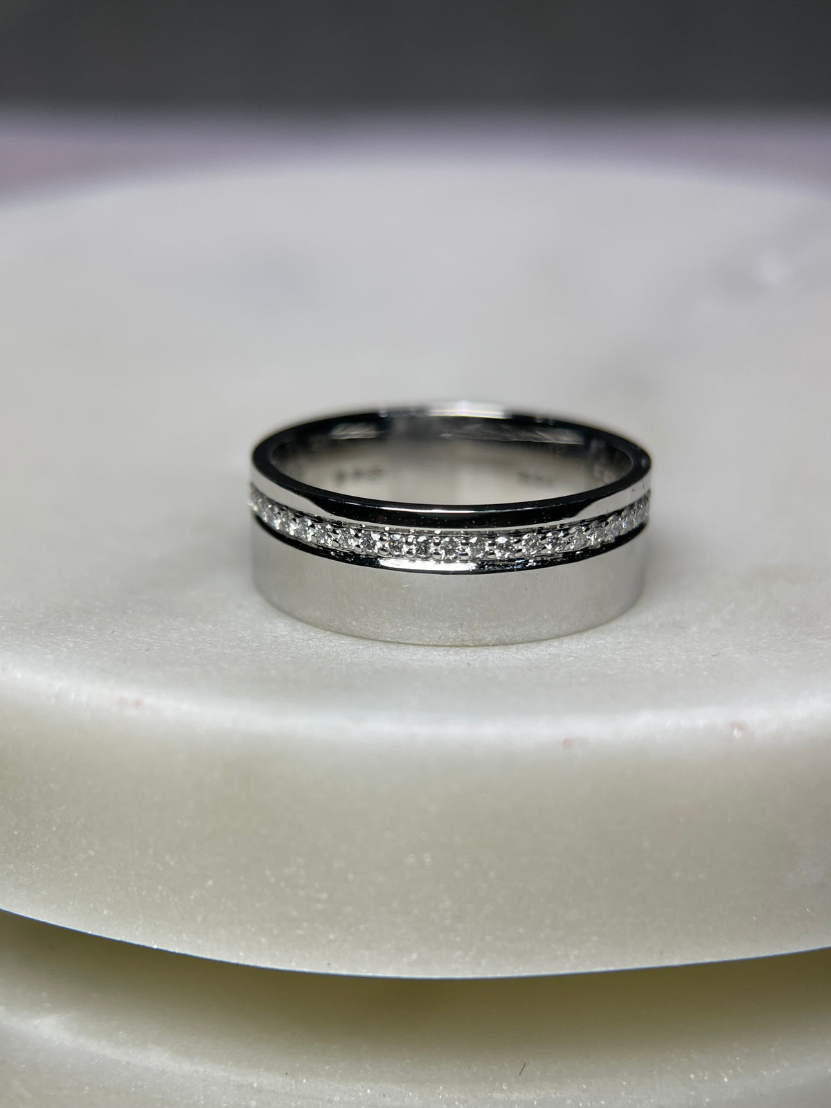 Polished Off-Center Diamond Wedding Band 14K Gold MR016