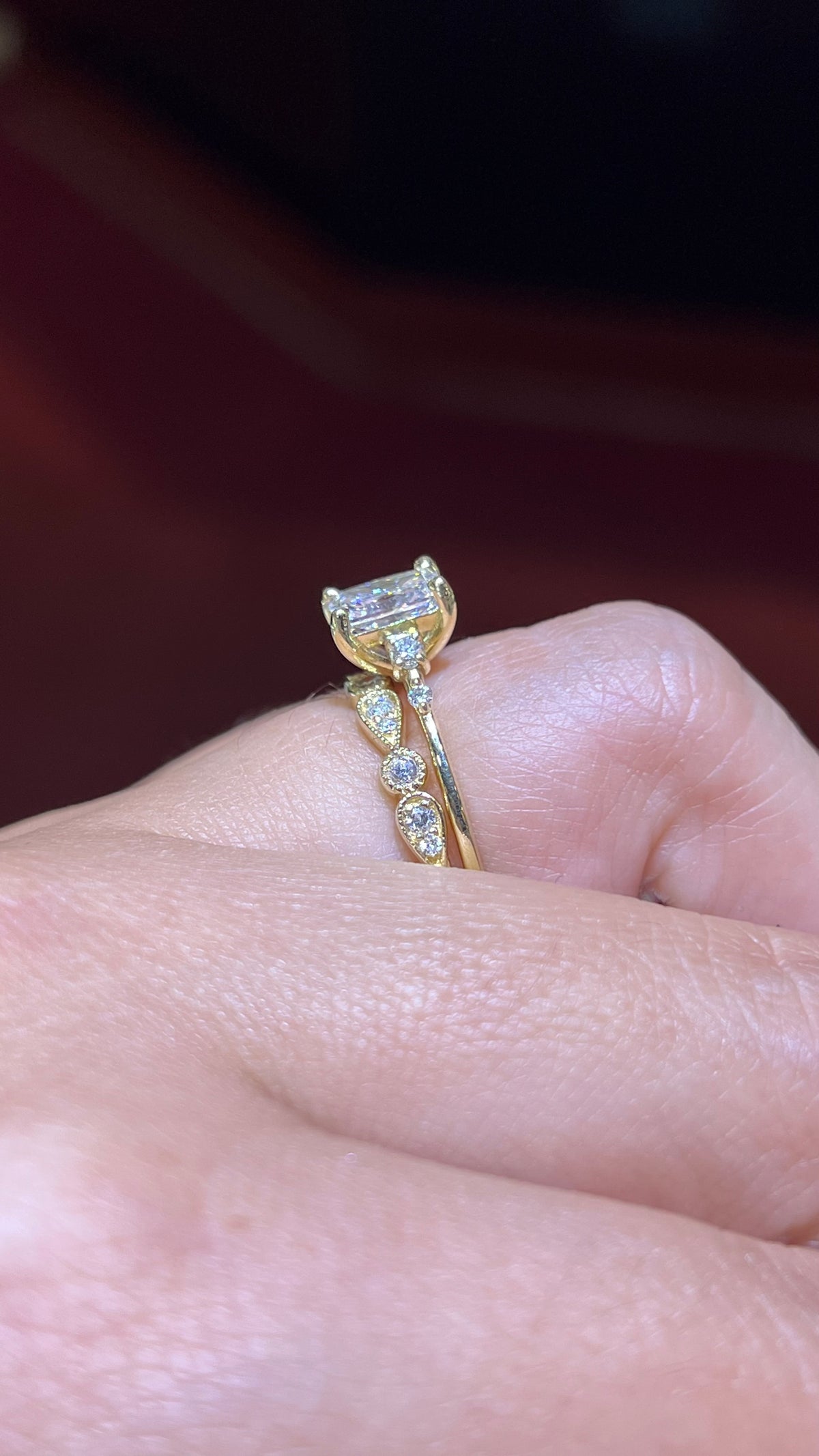 0.21ct Milgrain Beaded Pear and Round Bezel Diamond Band 14K Gold BAN104