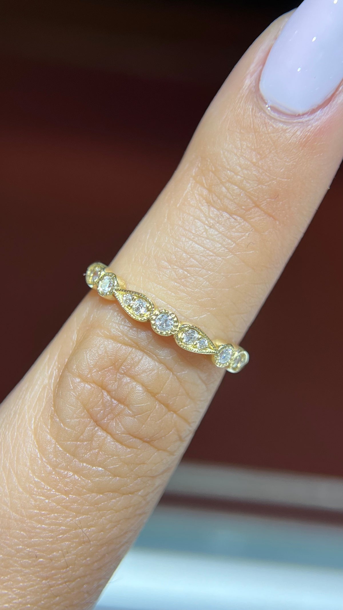 0.21ct Milgrain Beaded Pear and Round Bezel Diamond Band 14K Gold BAN104