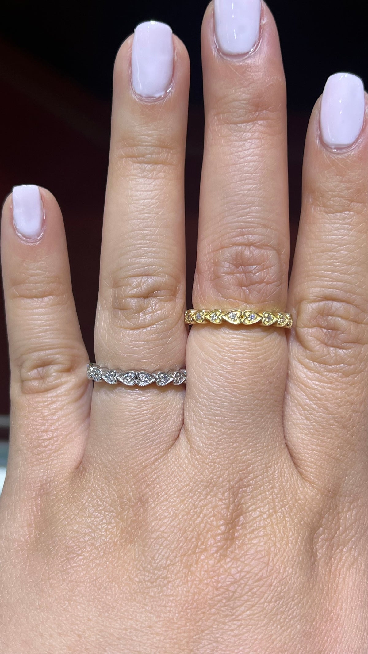 0.10ct Milgrain Beaded Hearts Diamond Wedding Band 14K Gold BAN114