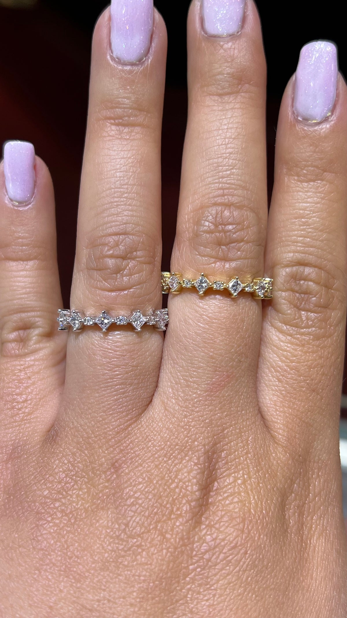 Alternating Princess & Round Diamond Wedding Band 14K Gold BAN148