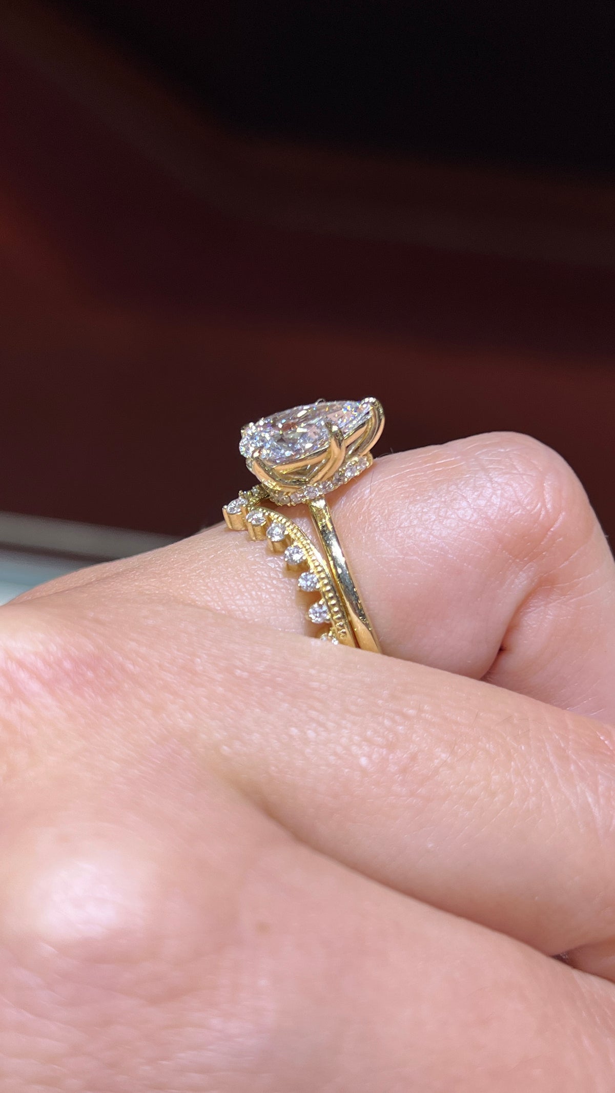 Beaded 3-Prong Diamond Chevron Band 14K Gold BAN177