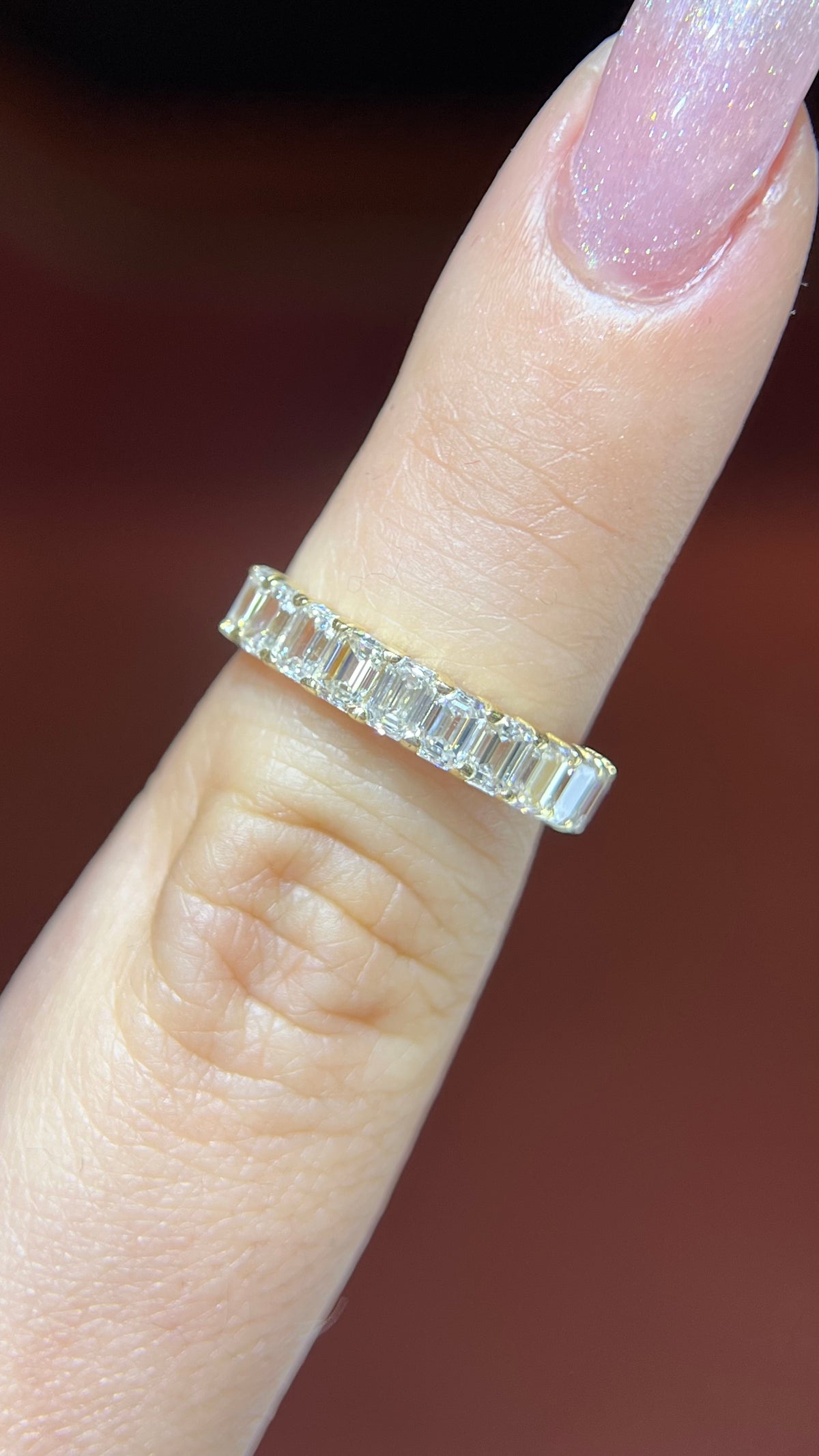 Larger Emerald Diamond Shared Prong Gold Band 14K Gold BAN194