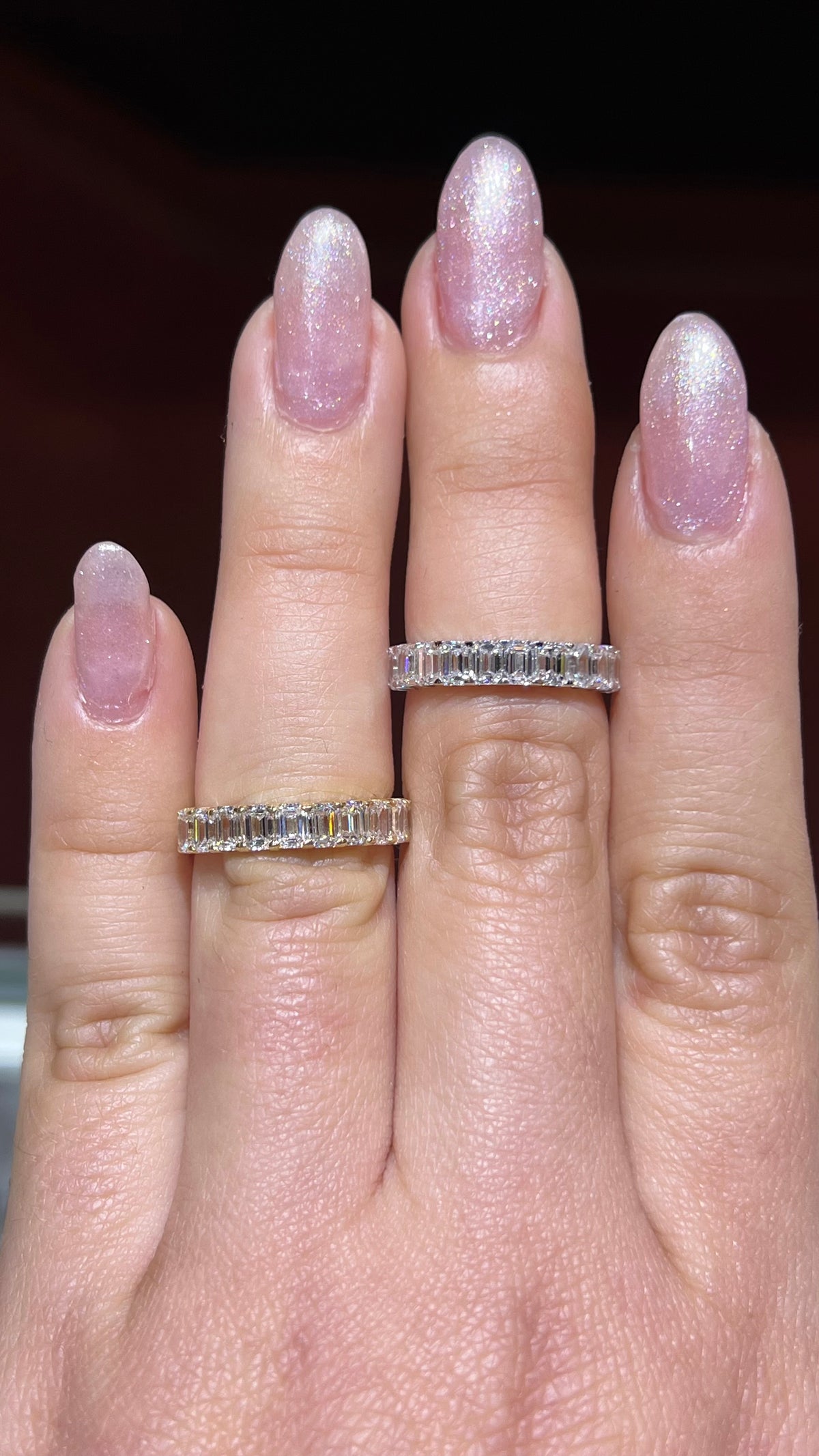 Larger Emerald Diamond Shared Prong Gold Band 14K Gold BAN194