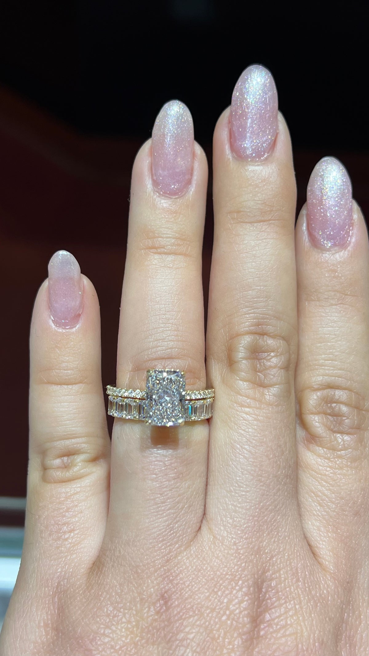 Larger Emerald Diamond Shared Prong Gold Band 14K Gold BAN194