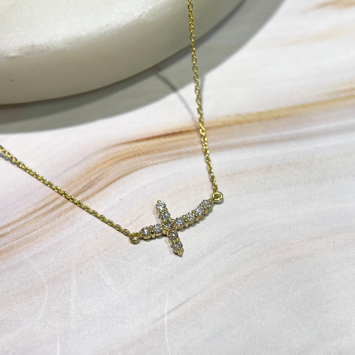 0.9mm Rolo Chain w/ Small Diamond Cross Necklace 14K Solid Gold DFN001