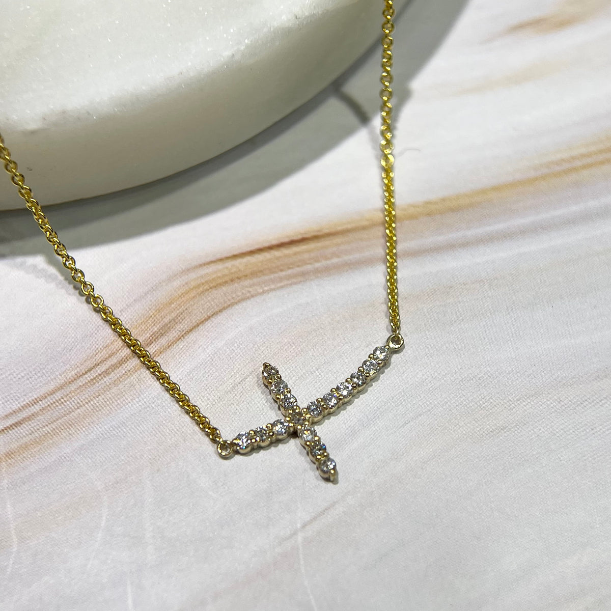 1.3mm Rolo Chain w/ Large Diamond Cross Necklace 14K Solid Gold DFN002