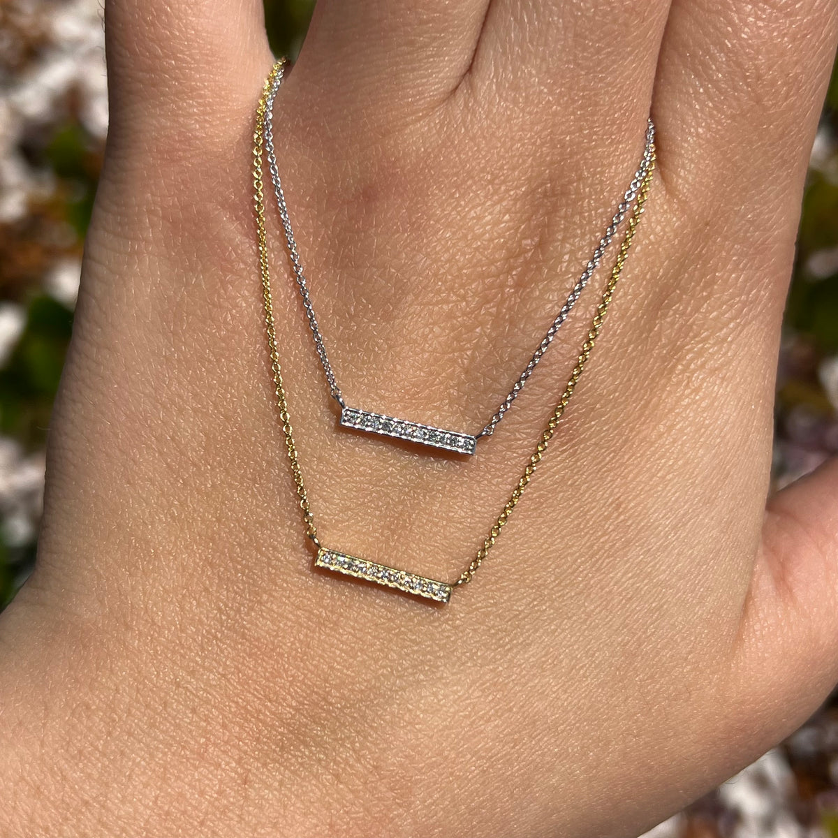 1.0mm Rolo Chain w/ Small Diamond Bar Necklace 14K Solid Gold DFN004