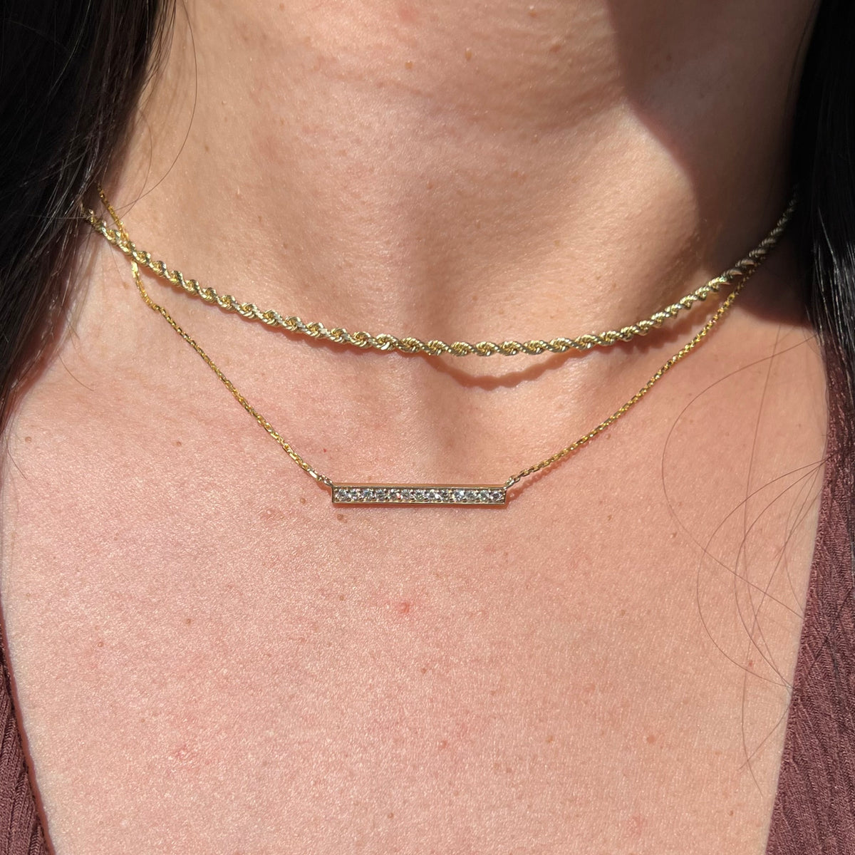 1.2mm Cable Chain w/ Large Diamond Bar Necklace 14K Solid Gold DFN006