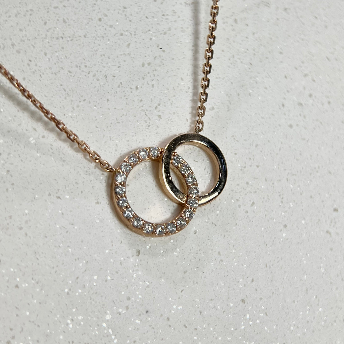 1.0mm Cable Chain w/ Diamond Interlocking Circle Necklace 14K Solid Gold DFN007