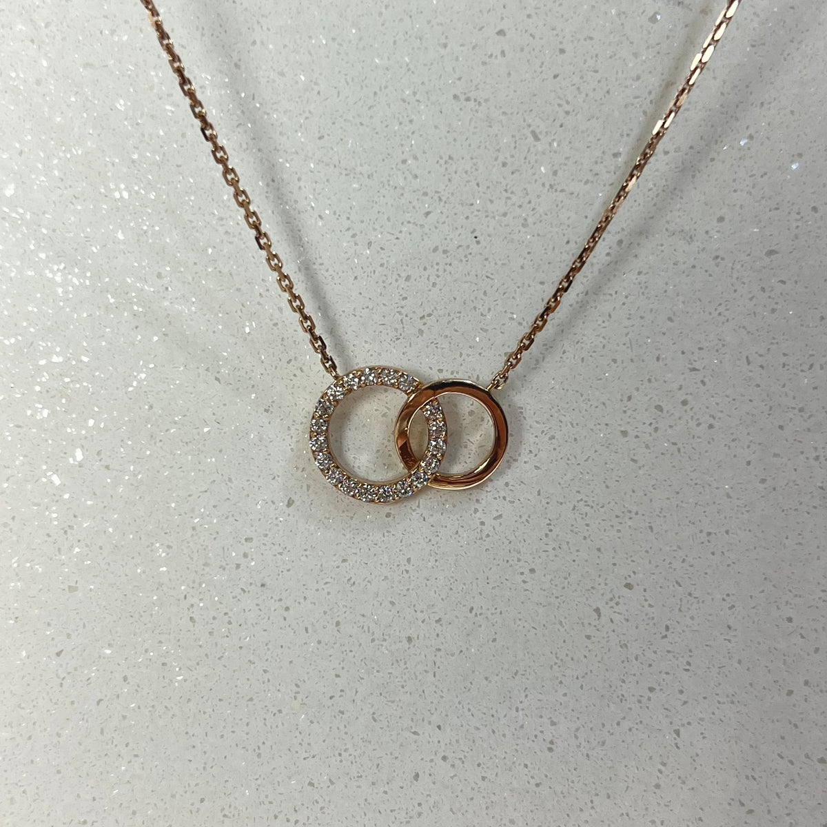 1.0mm Cable Chain w/ Diamond Interlocking Circle Necklace 14K Solid Gold DFN007