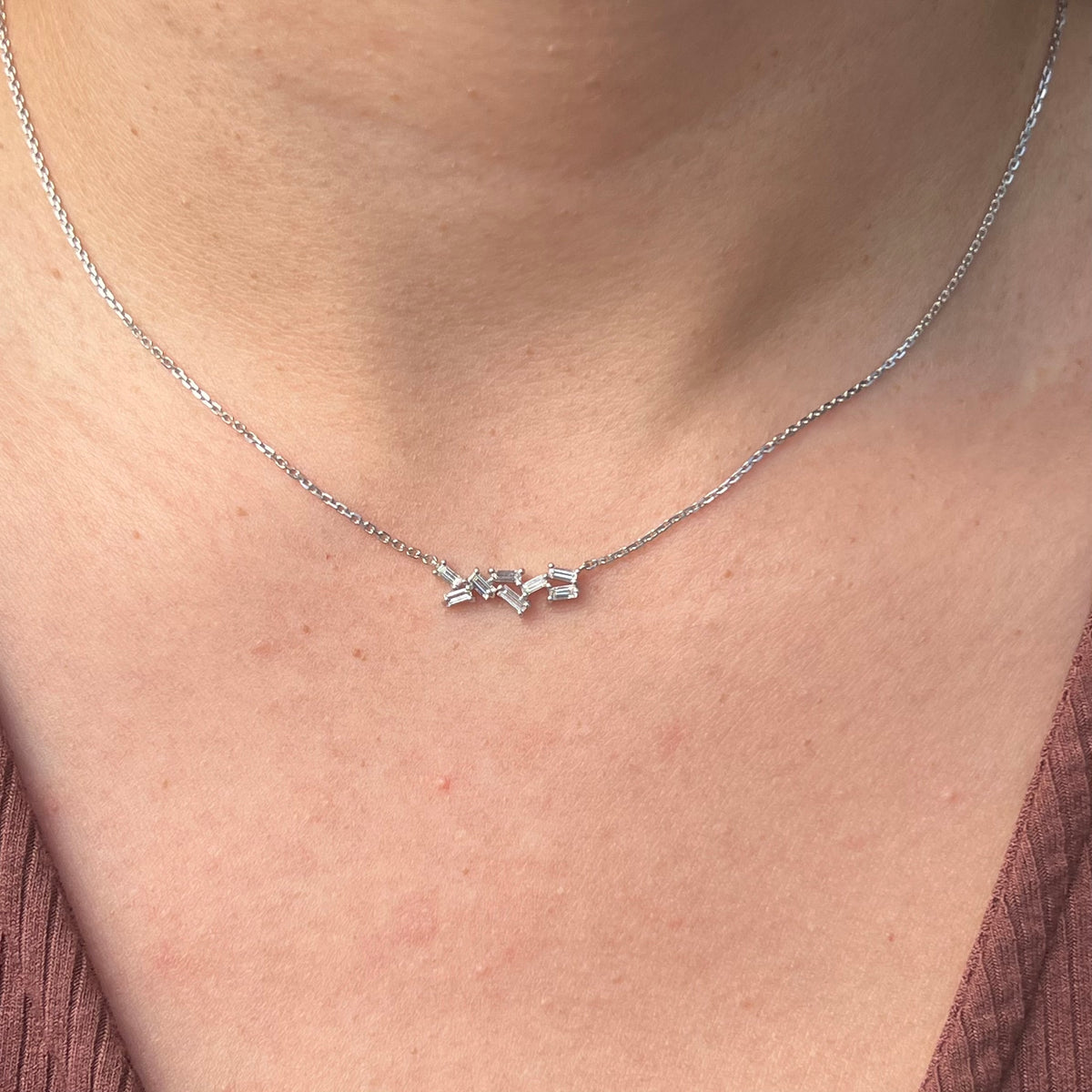 1.2mm Cable Chain w/ Diamond Baguette Cluster Necklace 14K Solid Gold DFN008