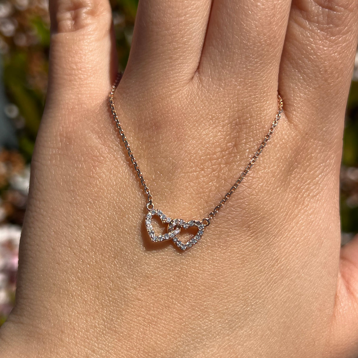 0.8mm Cable Chain w/ Interlocking Diamond Hearts Necklace 14K Solid Gold DFN010