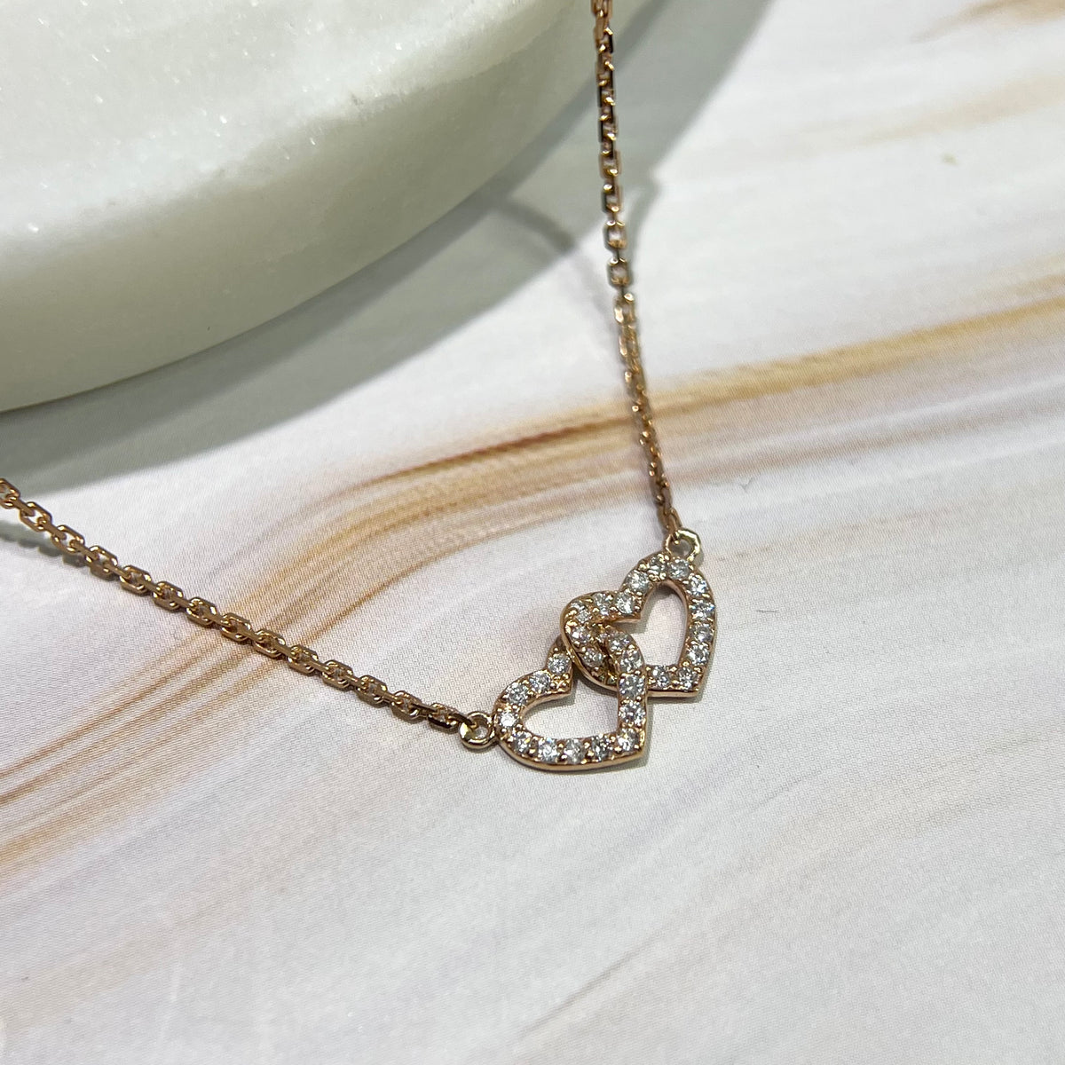 0.8mm Cable Chain w/ Interlocking Diamond Hearts Necklace 14K Solid Gold DFN010
