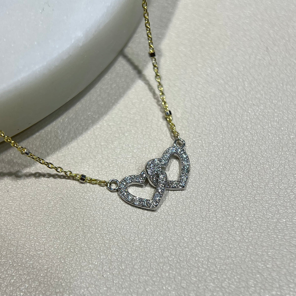 0.9mm Beaded Chain w/ Interlocking Diamond Hearts Two Tone Necklace 14K Gold DFN011