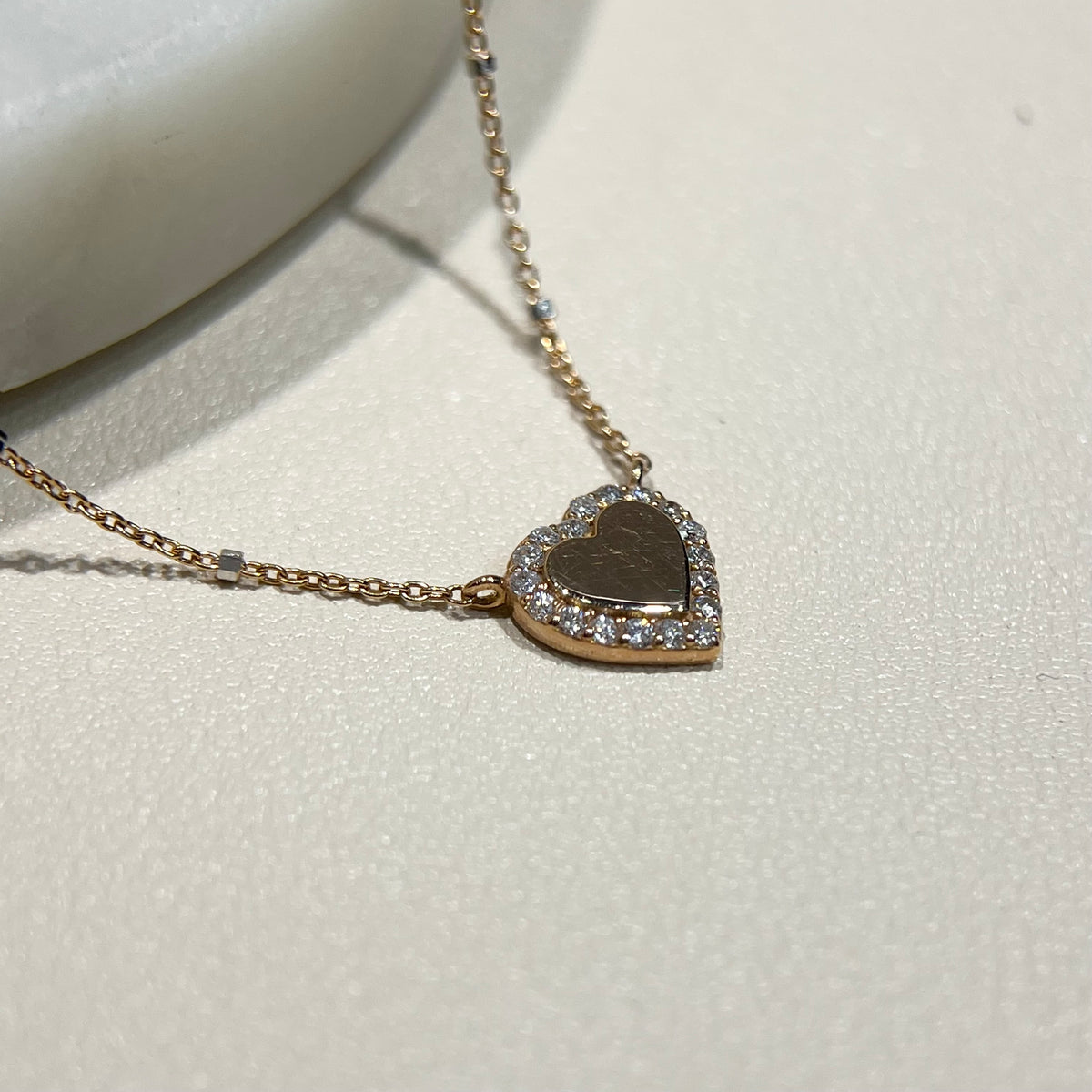 0.9mm Beaded Chain Diamond Halo Heart Necklace 14K Gold DFN014