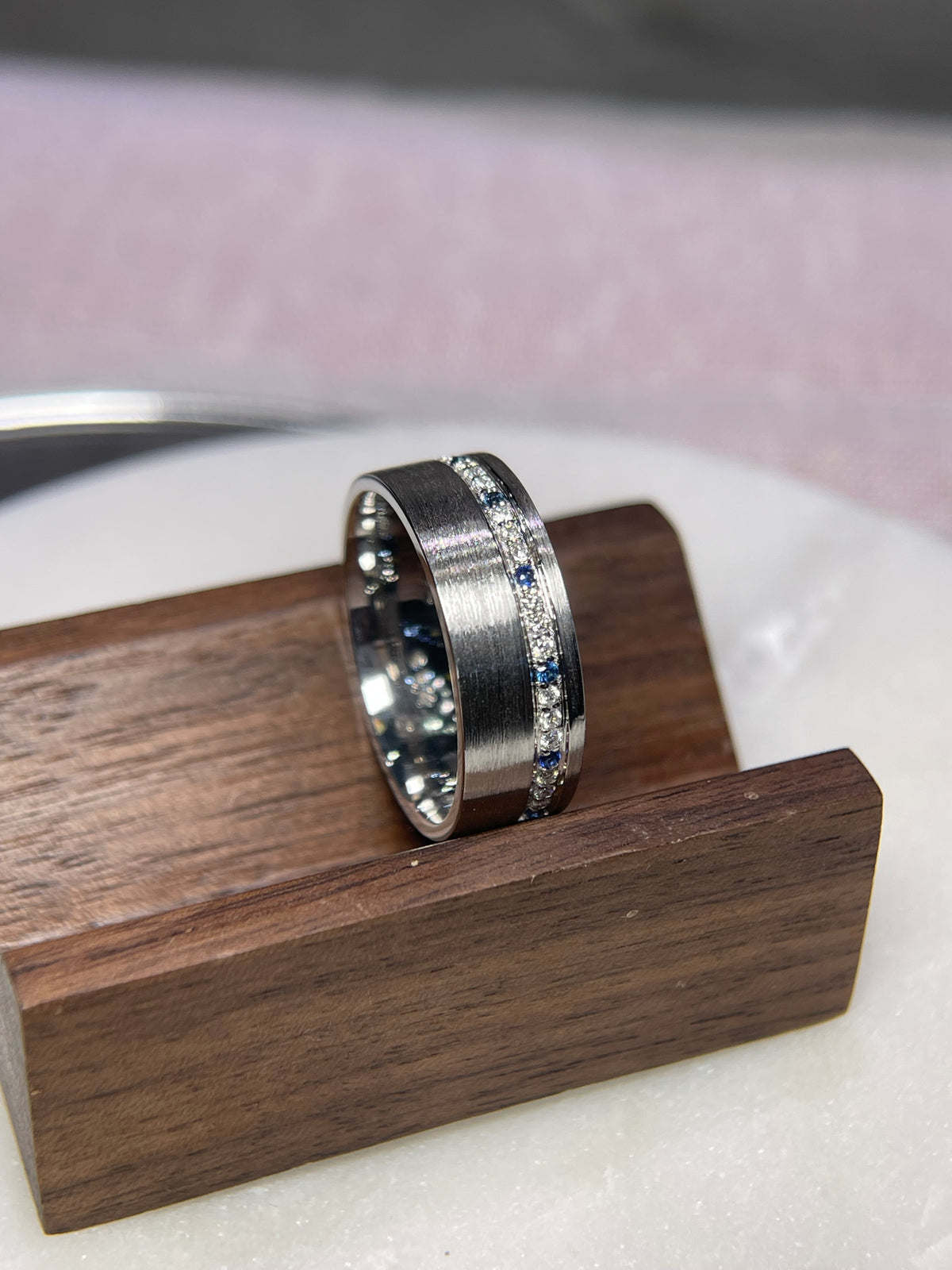 Brushed Off-Center Sapphire and Diamond Wedding Band 14K Gold MR014