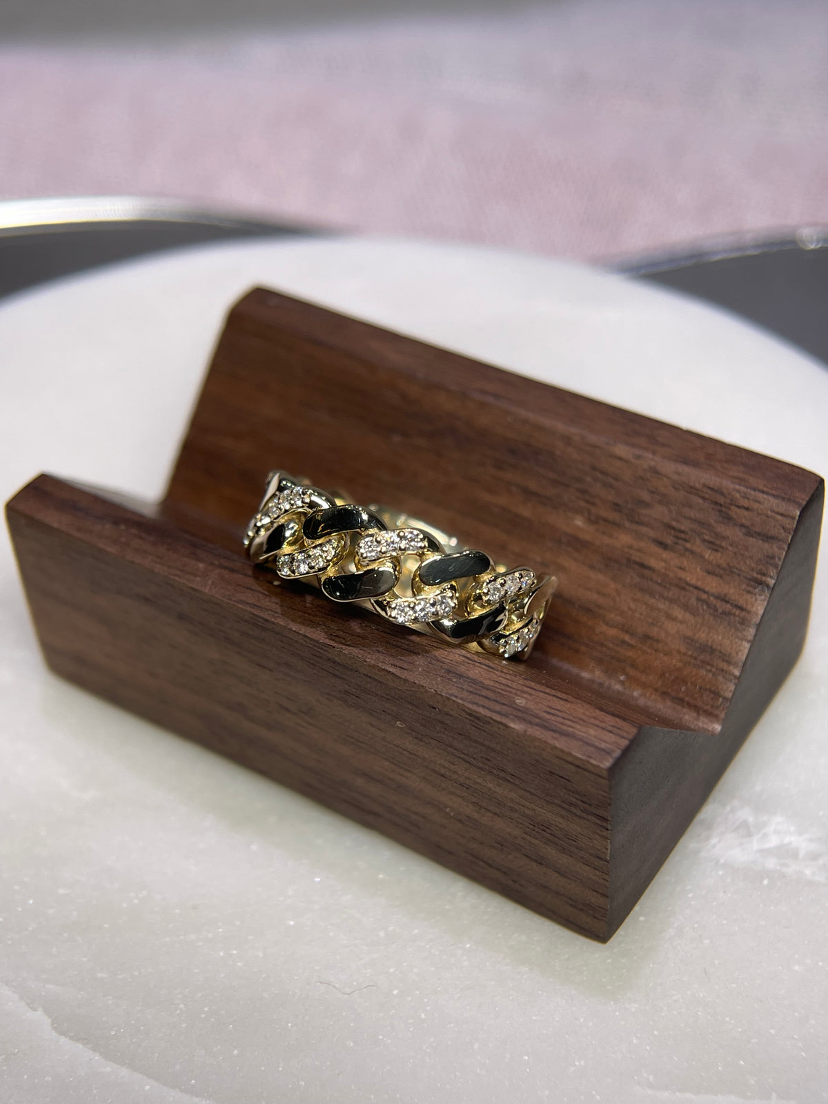 Polished Half Diamond Cuban Link Ring Solid 14K Gold MR030