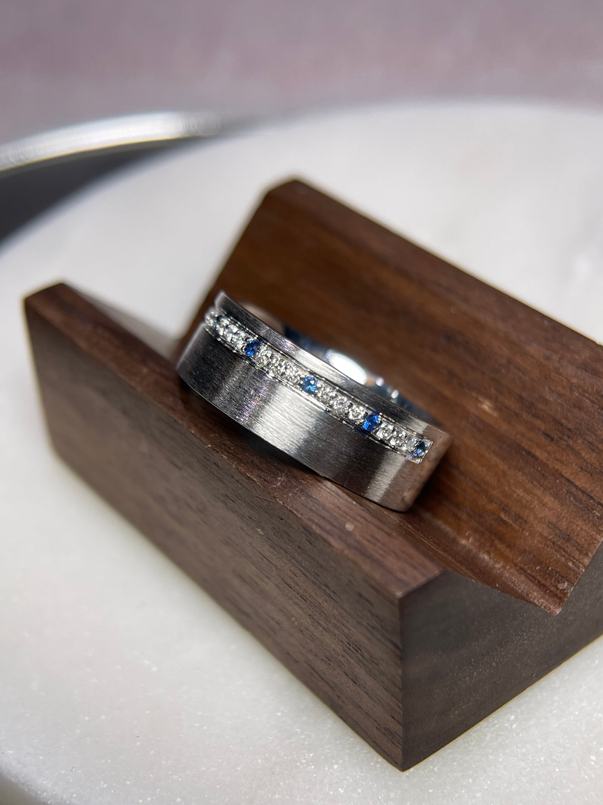 Brushed Off-Center Sapphire and Diamond Wedding Band 14K Gold MR014