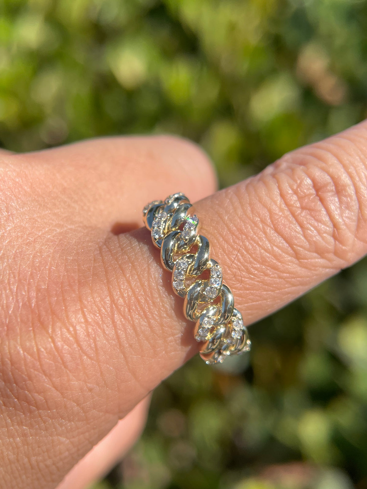 0.52ct Polished Half Diamond Rounded Cuban Link Ring Solid 14K Gold MR032