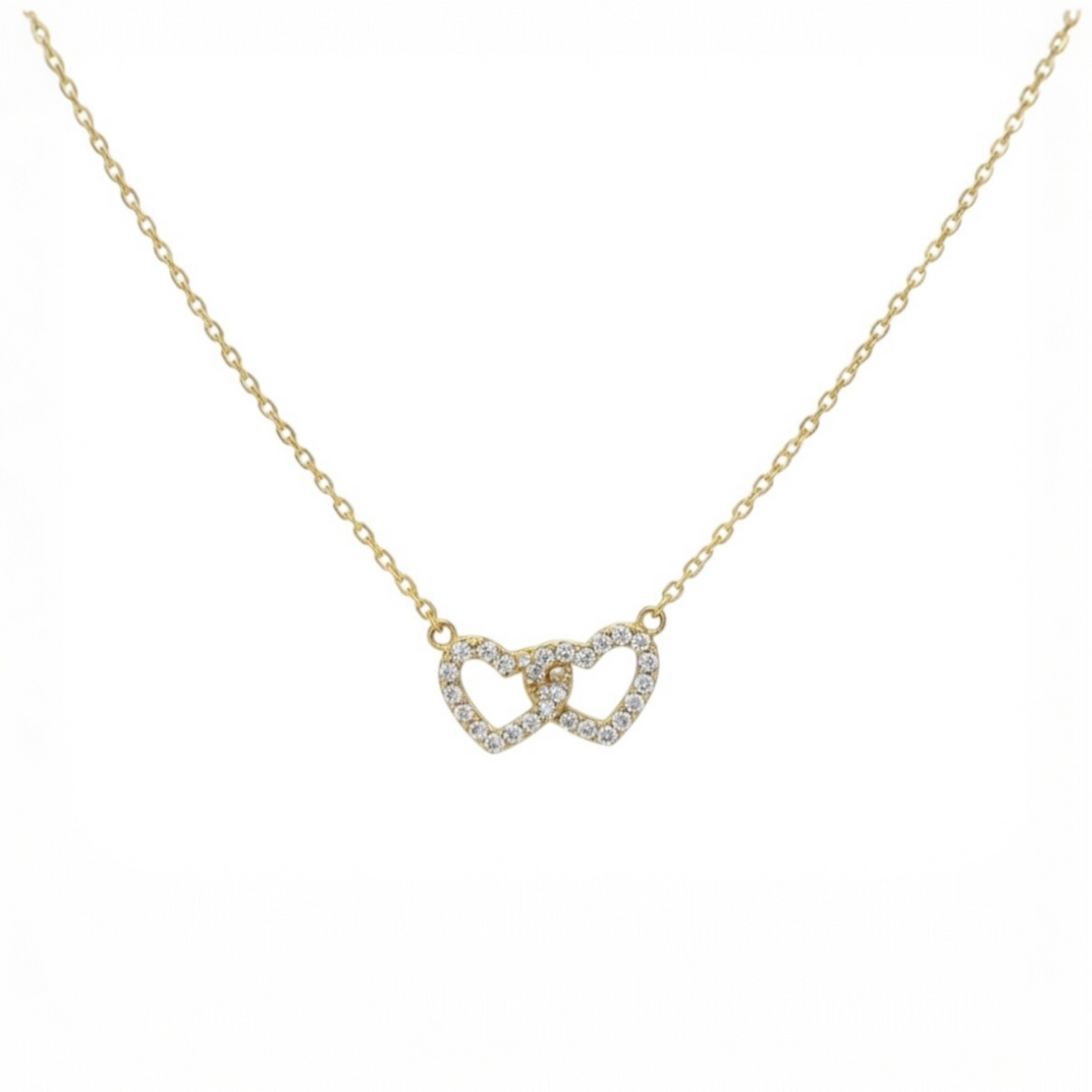 0.8mm Cable Chain w/ Interlocking Diamond Hearts Necklace 14K Solid Gold DFN010