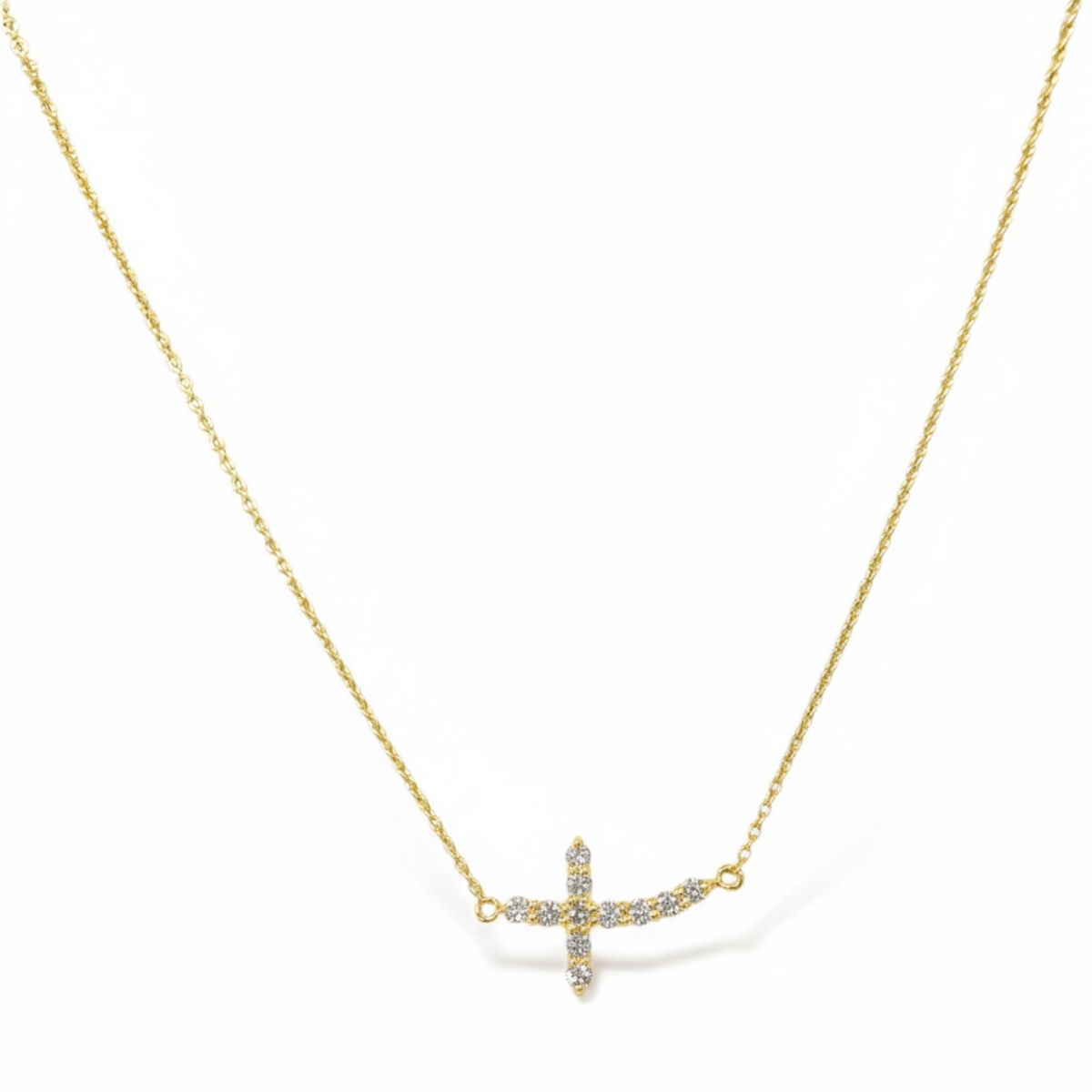 0.9mm Rolo Chain w/ Small Diamond Cross Necklace 14K Solid Gold DFN001