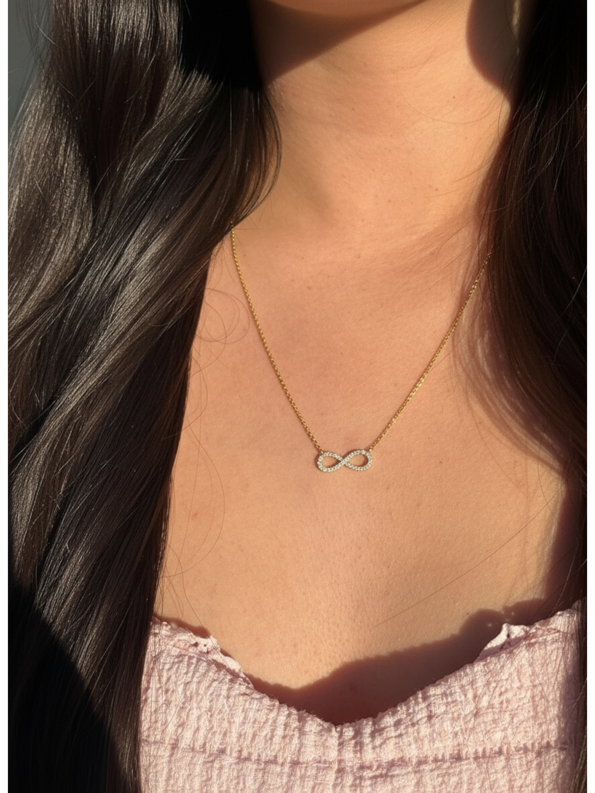 1.3mm Rolo Chain w/ Diamond Infinity Necklace 14K Solid Gold DFN003