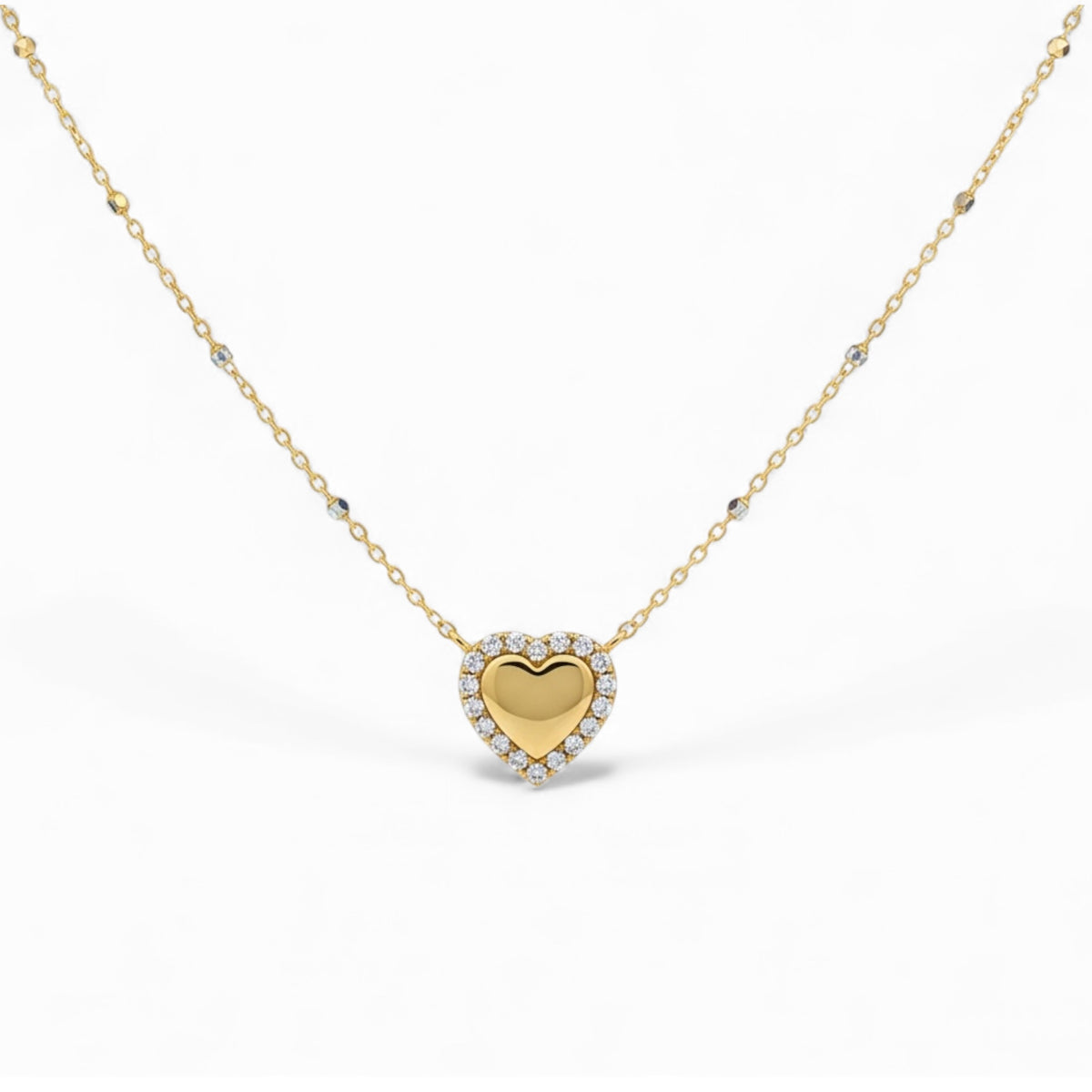 0.9mm Beaded Chain Diamond Halo Heart Necklace 14K Gold DFN014