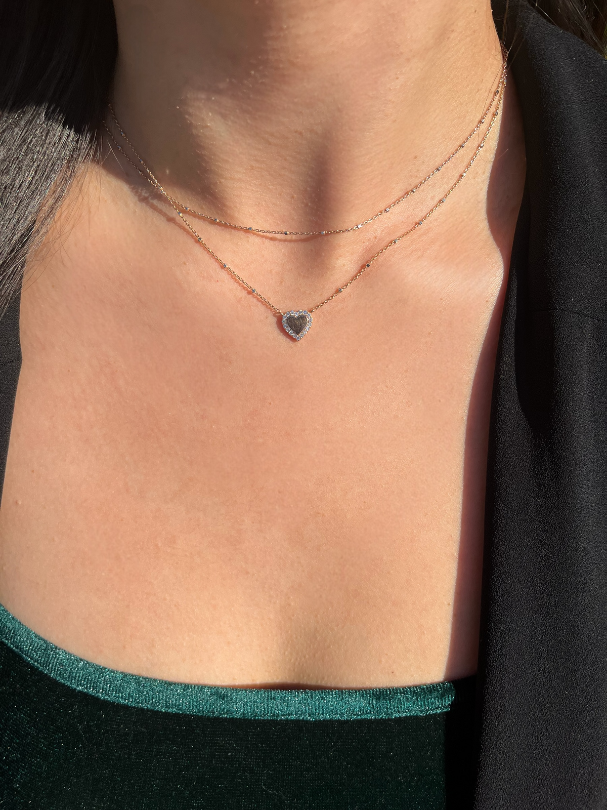 0.9mm Beaded Chain Diamond Halo Heart Necklace 14K Gold DFN014