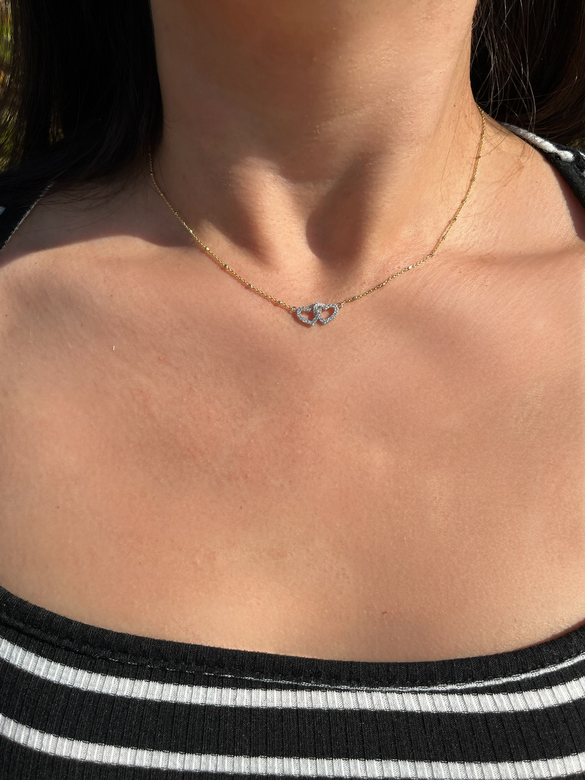 0.9mm Beaded Chain w/ Interlocking Diamond Hearts Two Tone Necklace 14K Gold DFN011