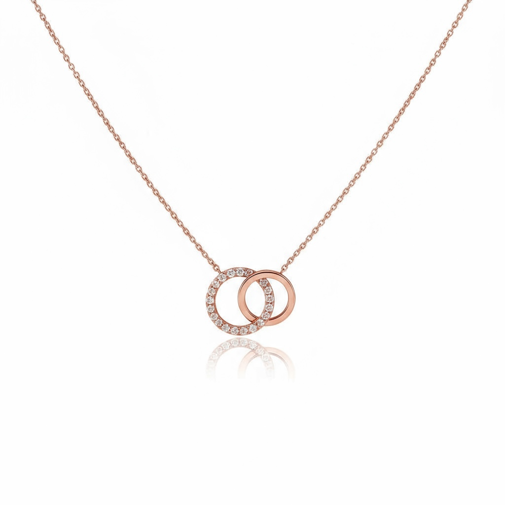 1.0mm Cable Chain w/ Diamond Interlocking Circle Necklace 14K Solid Gold DFN007