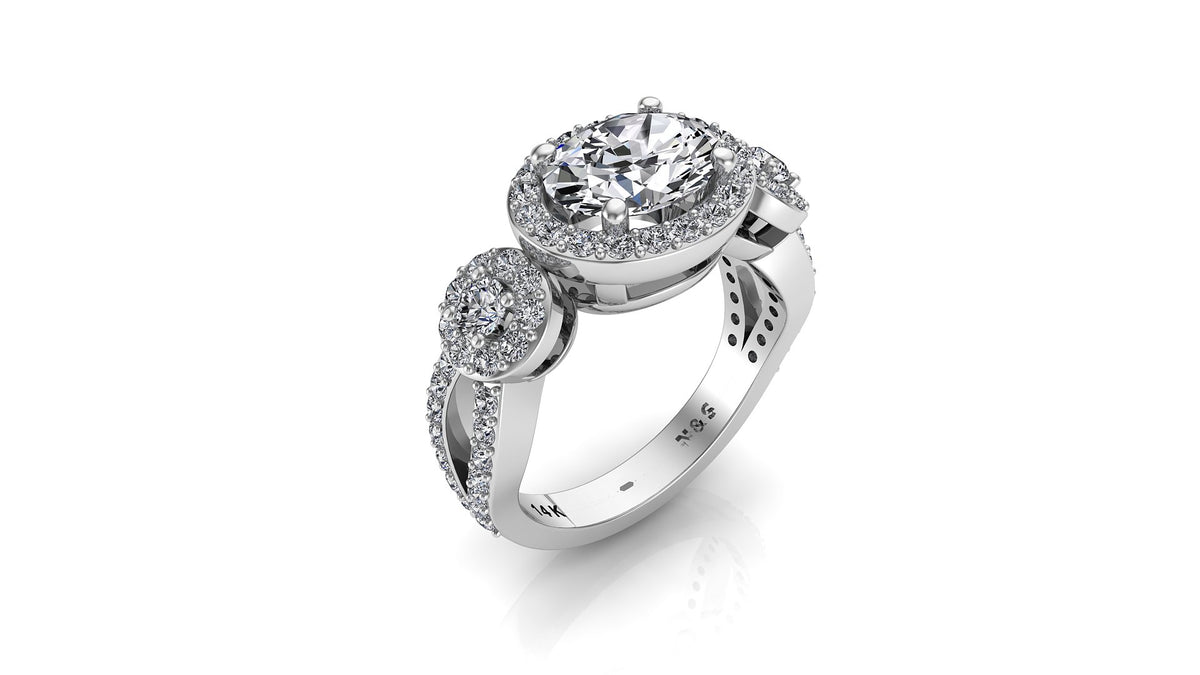 8x6mm (1.50ct) ForeverOne Oval Moissanite Three Stone Setting Band 14K Gold Engagement Ring MOENG017